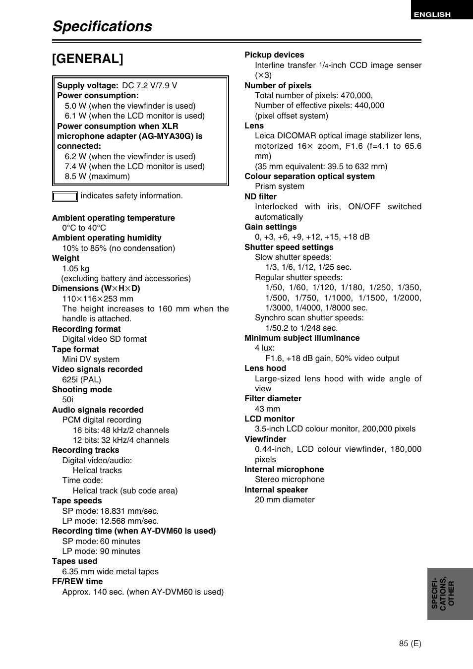 Specifications, General | Panasonic AG-DVC30 User Manual | Page 85 / 88