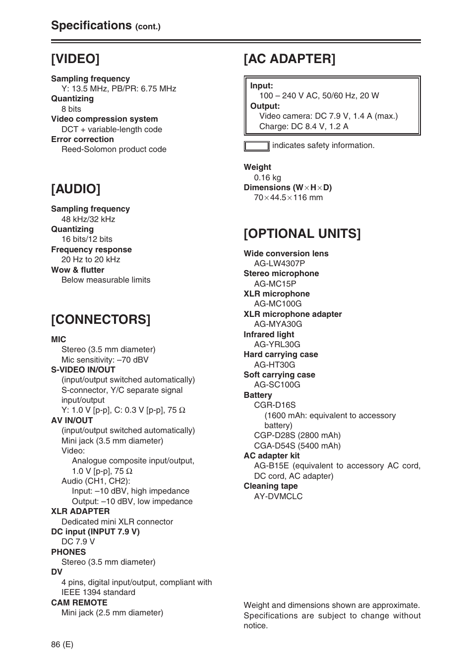 Video, Audio, Connectors | Optional units, Ac adapter, Specifications | Panasonic AG-DVC30 User Manual | Page 86 / 88