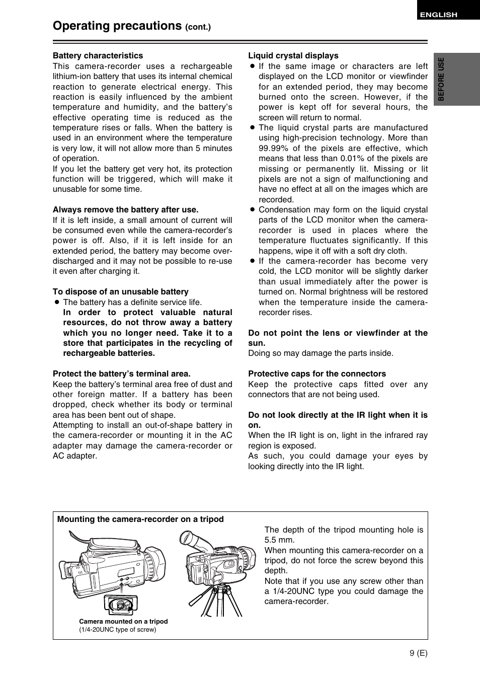 Operating precautions | Panasonic AG-DVC30 User Manual | Page 9 / 88