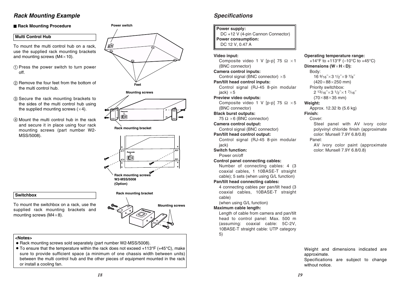 Specifications, Rack mounting example | Panasonic AW-HB605 User Manual | Page 10 / 11