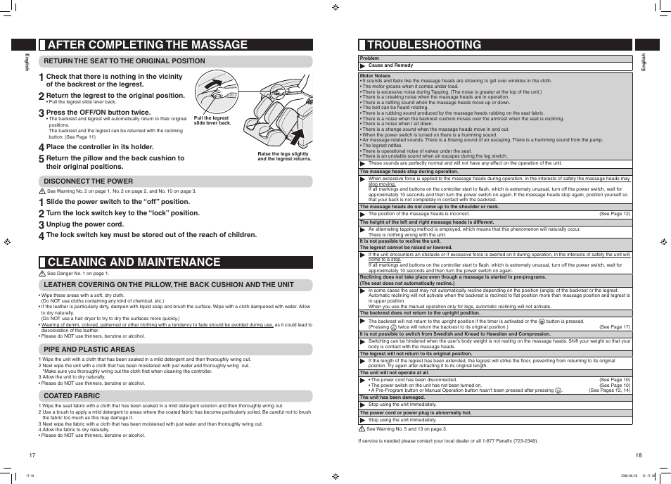 After completing the massage, Cleaning and maintenance, Troubleshooting | Panasonic EP1285 User Manual | Page 10 / 19