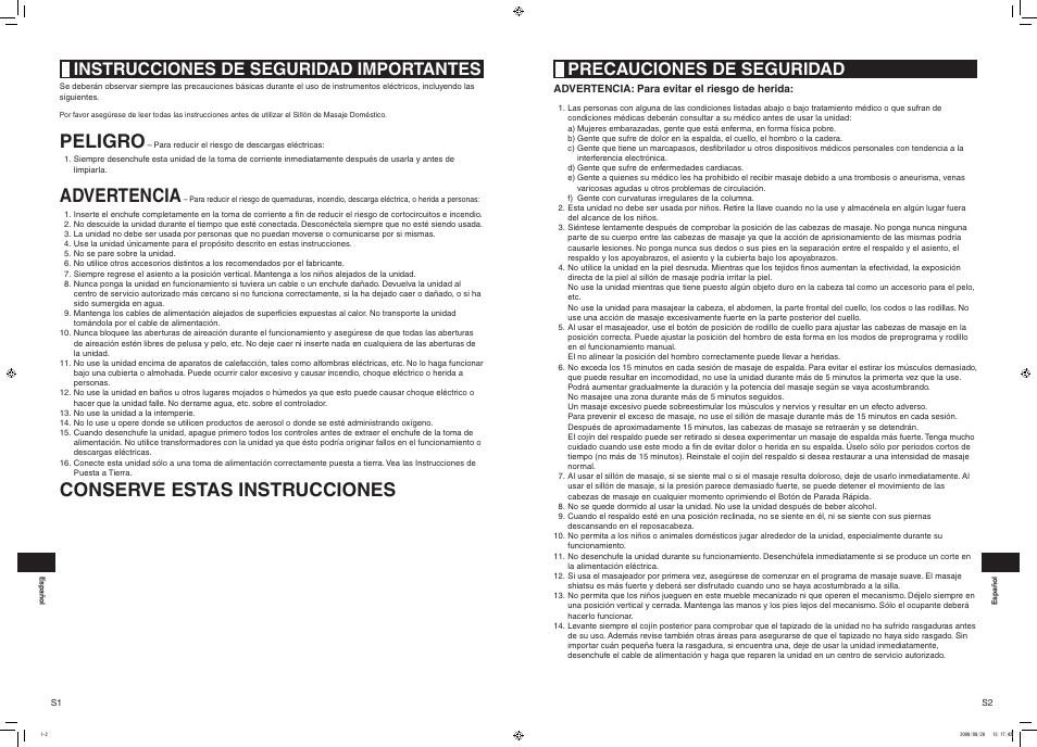 Peligro, Advertencia, Conserve estas instrucciones | Instrucciones de seguridad importantes, Precauciones de seguridad | Panasonic EP1285 User Manual | Page 11 / 19