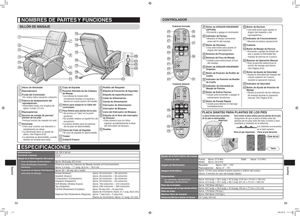 Especificaciones, Nombres de partes y funciones | Panasonic EP1285 User Manual | Page 13 / 19