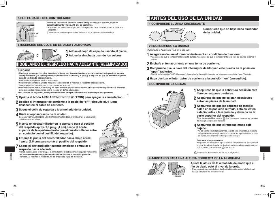 Doblando el respaldo hacia adelante (reempacado), Antes del uso de la unidad | Panasonic EP1285 User Manual | Page 15 / 19