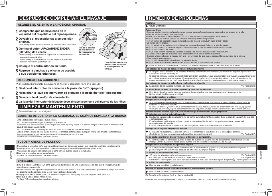 Después de completar el masaje, Limpieza y mantenimiento, Remedio de problemas | Panasonic EP1285 User Manual | Page 19 / 19