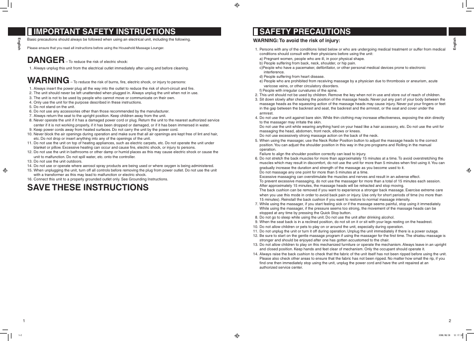 Danger, Warning, Save these instructions | Important safety instructions, Safety precautions | Panasonic EP1285 User Manual | Page 2 / 19