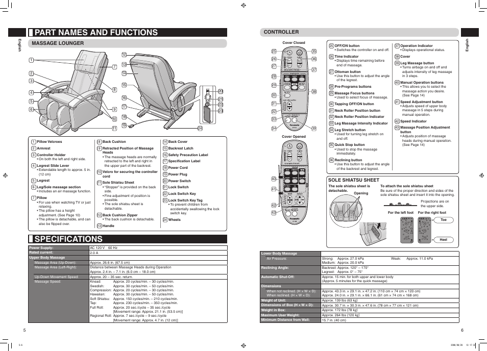 Specifications, Part names and functions | Panasonic EP1285 User Manual | Page 4 / 19