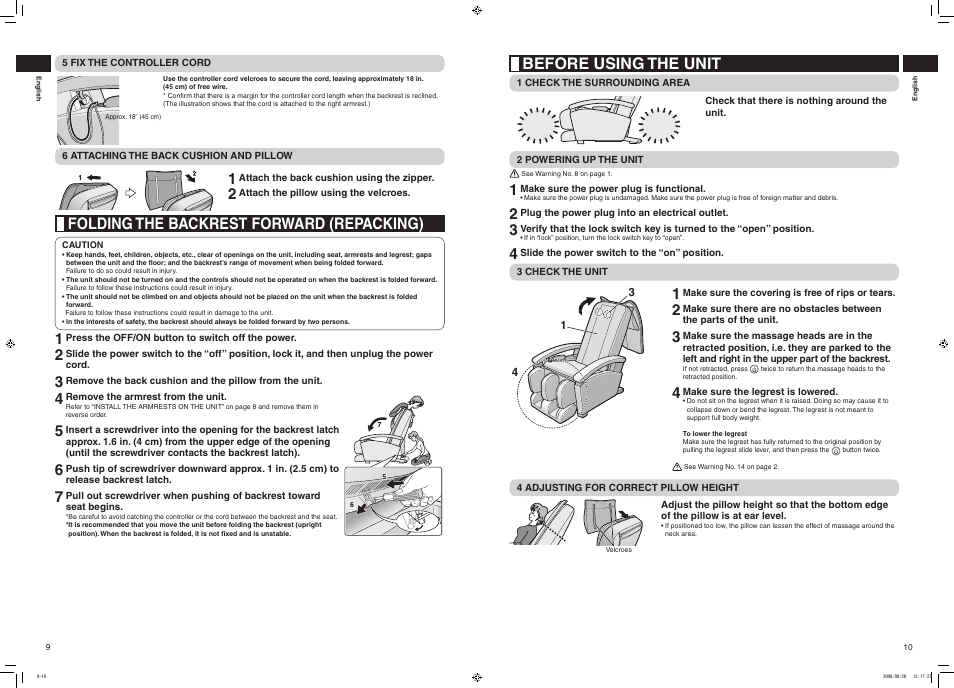 Folding the backrest forward (repacking), Before using the unit | Panasonic EP1285 User Manual | Page 6 / 19