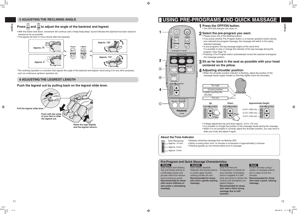 Using pre-programs and quick massage | Panasonic EP1285 User Manual | Page 7 / 19