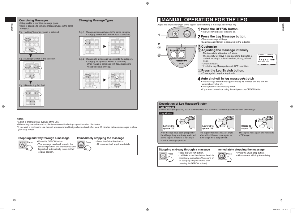 Manual operation for the leg | Panasonic EP1285 User Manual | Page 9 / 19