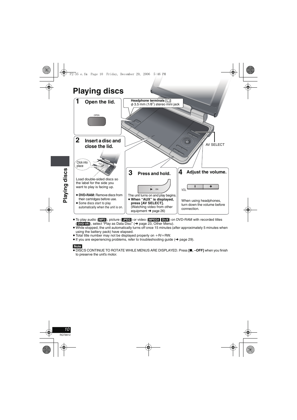 Playing discs, Pla y ing disc s | Panasonic DVD-LS80 User Manual | Page 10 / 36
