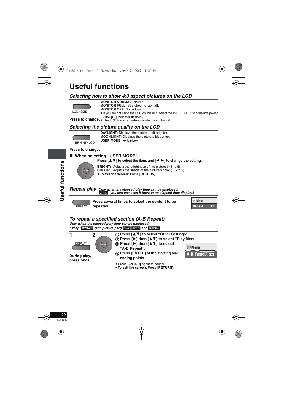Useful functions, Selecting the picture quality on the lcd, Repeat play | To repeat a specified section (a-b repeat), Usefu l funct ion s | Panasonic DVD-LS80 User Manual | Page 12 / 36