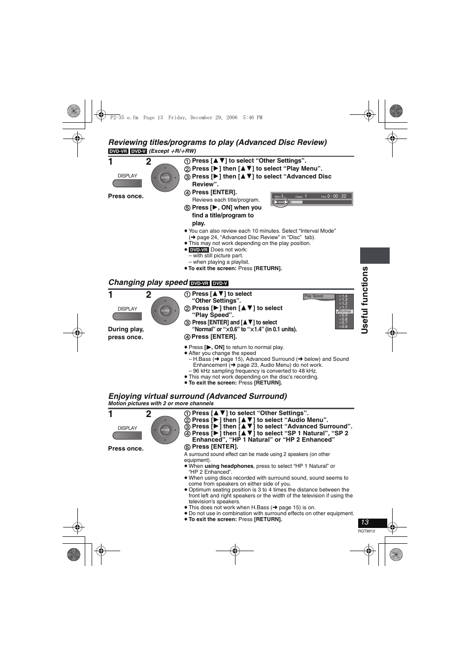 Changing play speed, Enjoying virtual surround (advanced surround), Usefu l funct ion s | Panasonic DVD-LS80 User Manual | Page 13 / 36