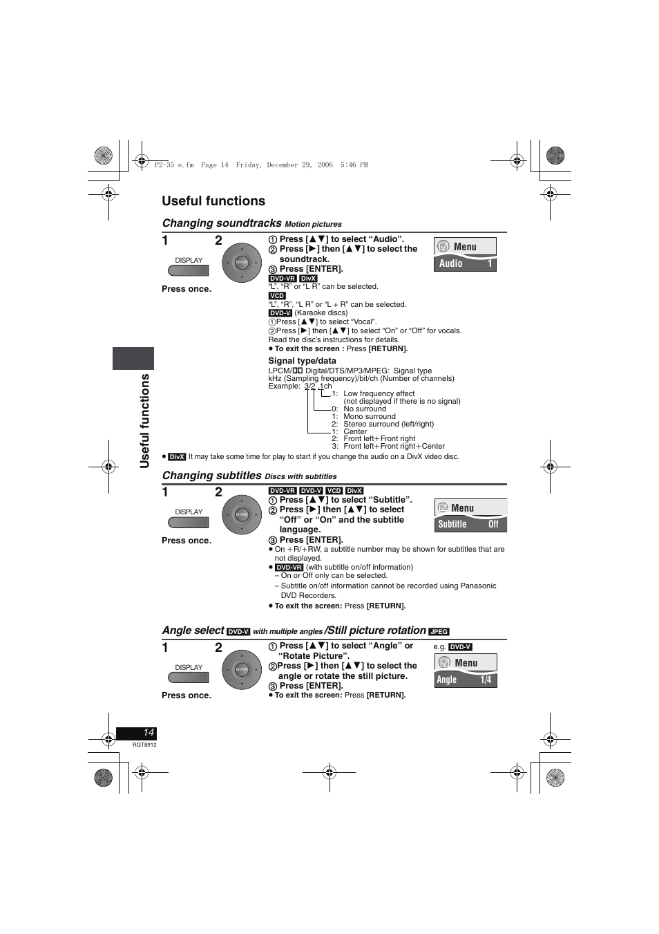 Changing soundtracks, Changing subtitles, Angle select/still picture rotation | Useful functions, Usefu l funct ion s | Panasonic DVD-LS80 User Manual | Page 14 / 36