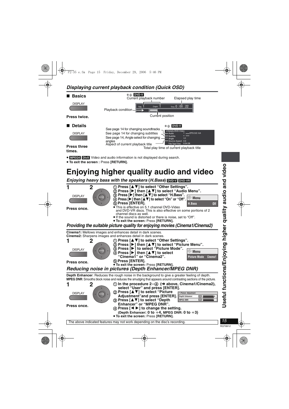 Displaying current playback condition (quick osd), Enjoying higher qualityaudio and video, Enjoying heavy bass with the speakers (h.bass) | Enjoying higher quality audio and video | Panasonic DVD-LS80 User Manual | Page 15 / 36