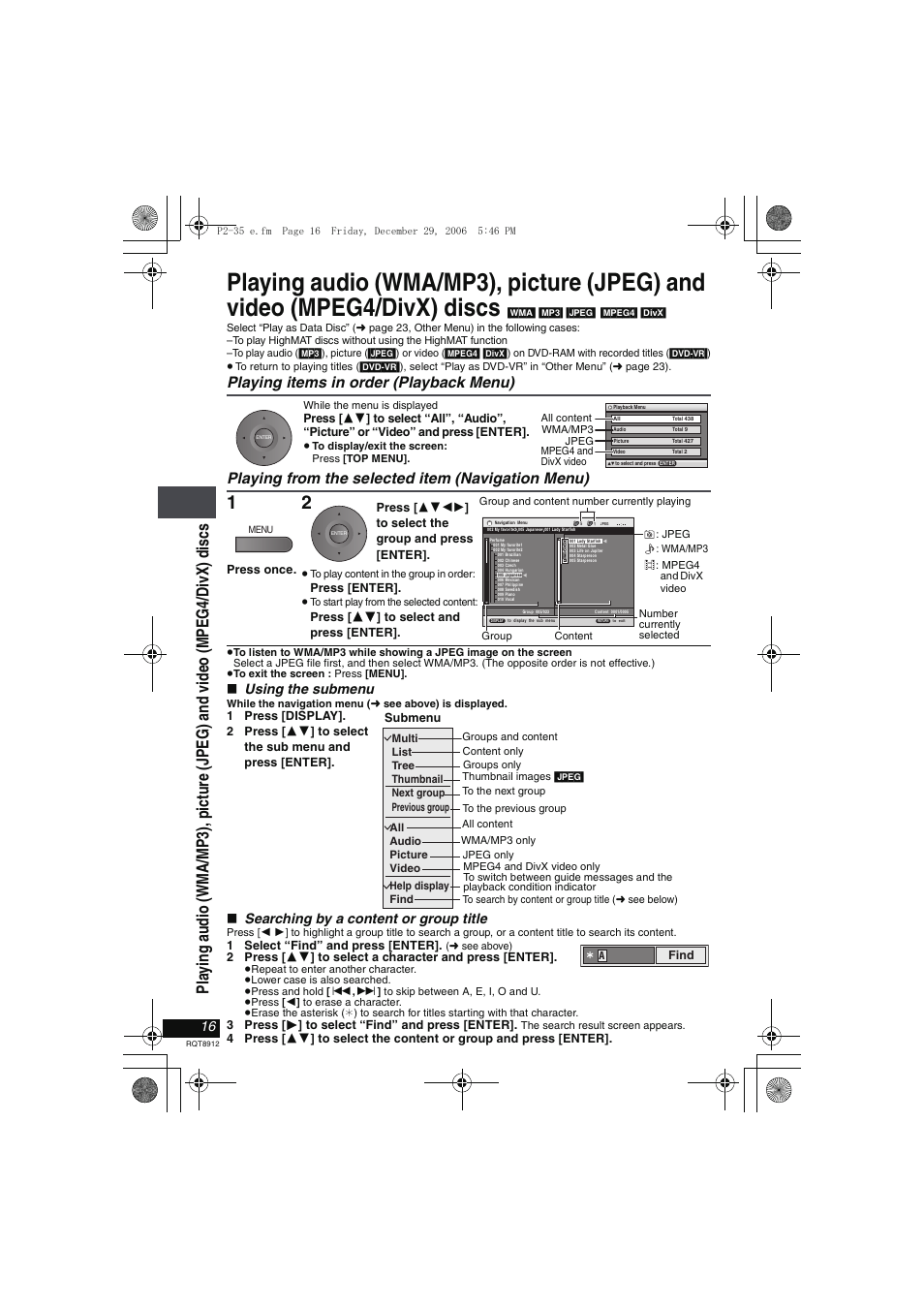 Playing items in order (playback menu), Playing from the selected item (navigation menu) | Panasonic DVD-LS80 User Manual | Page 16 / 36