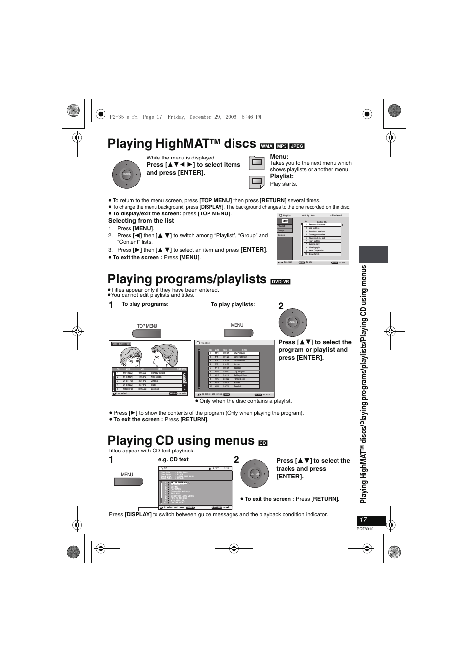 Playing highmat discs, Playing programs/playlists, Playing cd using menus | Playing highmat, Discs, Pl ay ing hi ghm a t, Playlist, Selecting from the list, Enter, Press [ 34 ] to select the tracks and press [enter | Panasonic DVD-LS80 User Manual | Page 17 / 36