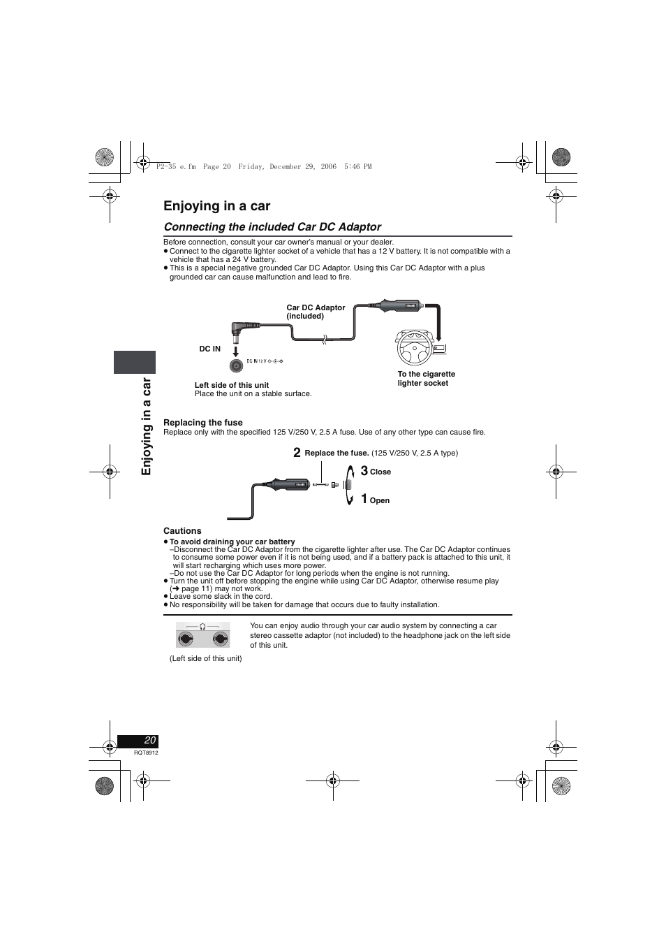Connecting the included car dc adaptor, Enjoying in a car | Panasonic DVD-LS80 User Manual | Page 20 / 36