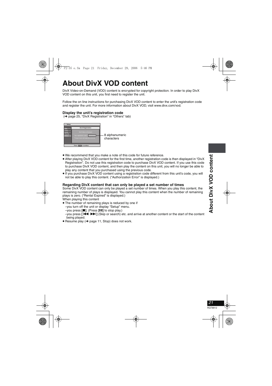 About divx vod content | Panasonic DVD-LS80 User Manual | Page 21 / 36