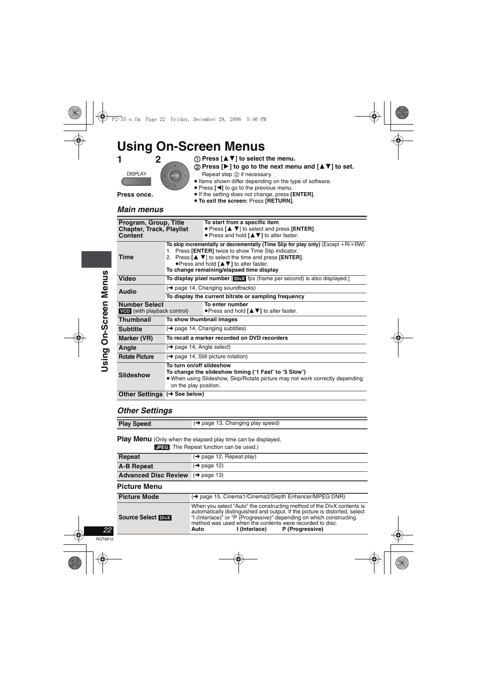 Using on-screen menus | Panasonic DVD-LS80 User Manual | Page 22 / 36