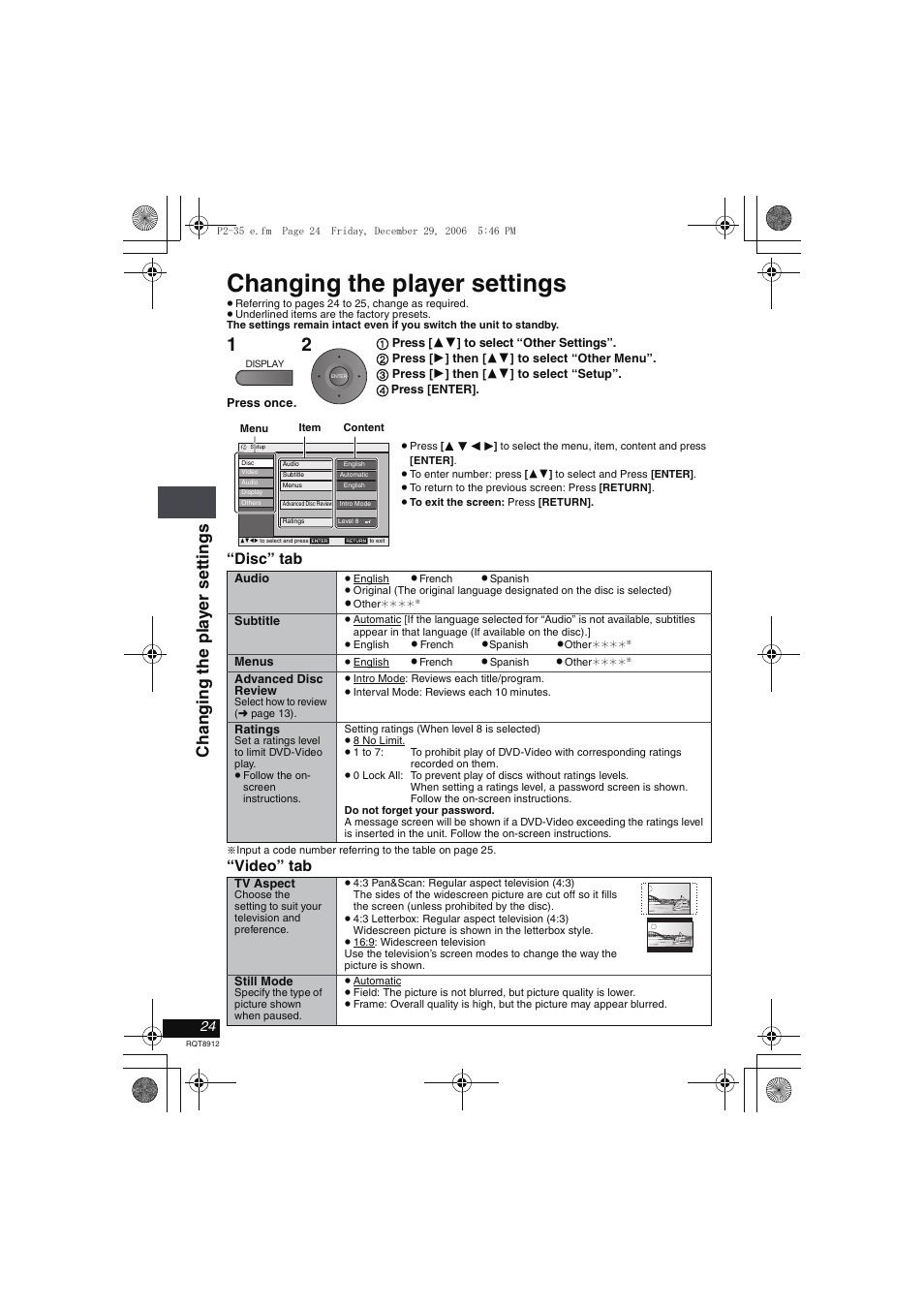 Changing the player settings, Cha nging the pl a y er sett ing s, Disc” tab | Video” tab | Panasonic DVD-LS80 User Manual | Page 24 / 36