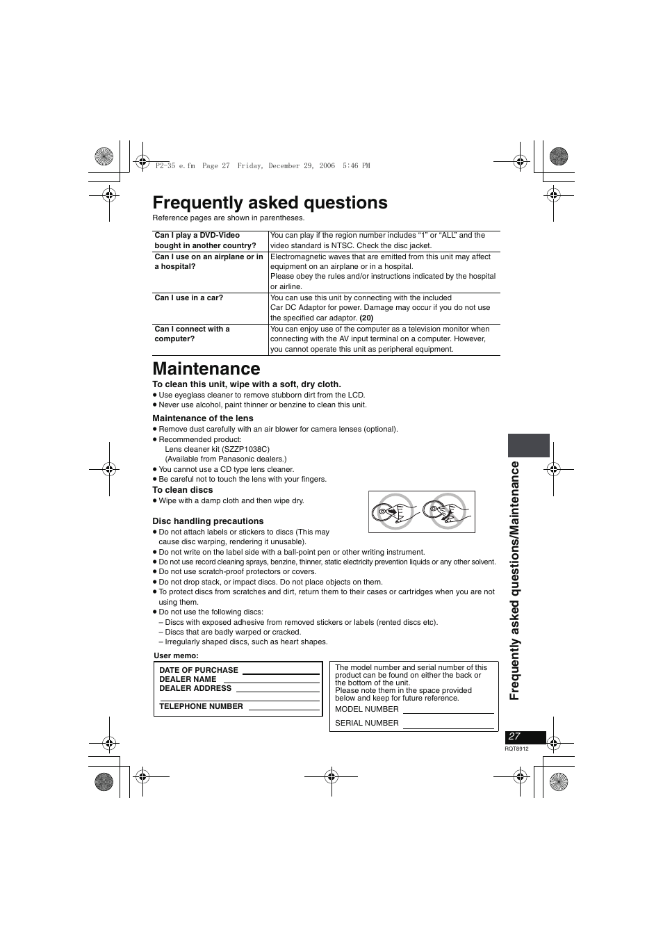 Frequently asked questions, Maintenance, Fre quentl y asked quest ions/ maint enance | Panasonic DVD-LS80 User Manual | Page 27 / 36