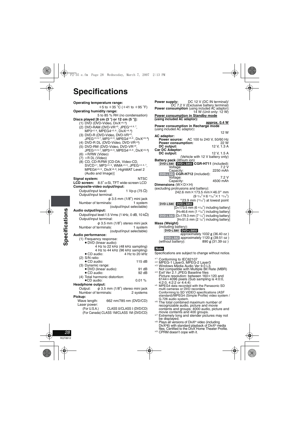 Specifications, Speci fi cat ions | Panasonic DVD-LS80 User Manual | Page 28 / 36