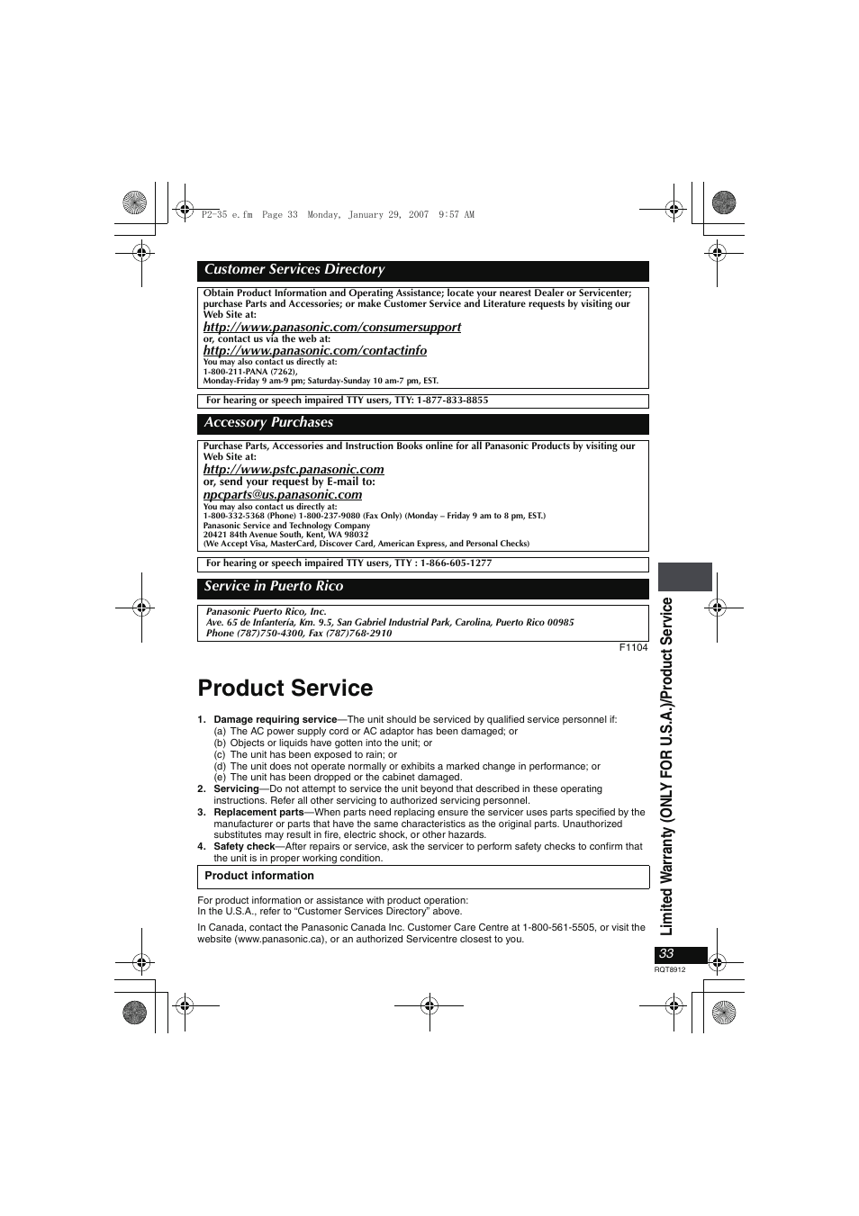 Product service | Panasonic DVD-LS80 User Manual | Page 33 / 36