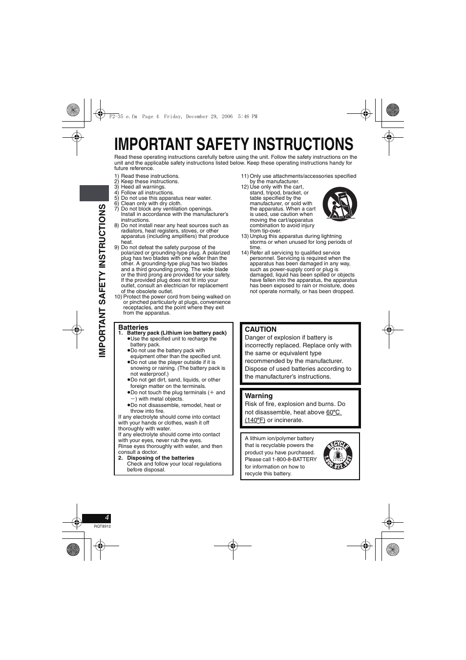Important safety instructions, Impor t ant safety instr uctions | Panasonic DVD-LS80 User Manual | Page 4 / 36