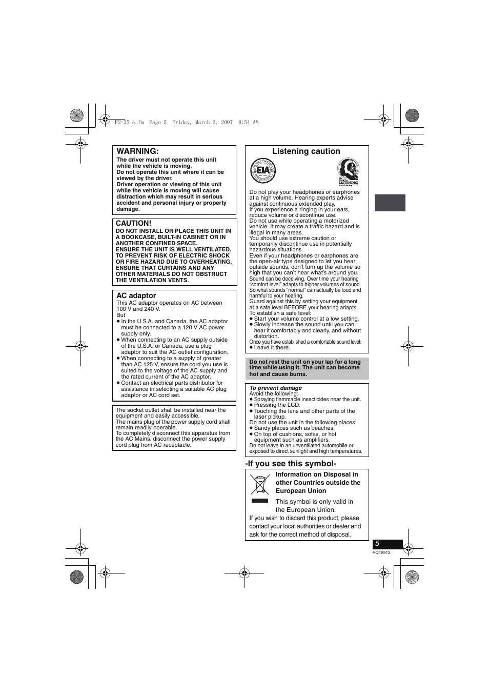 If you see this symbol- warning, Listening caution, Caution | Ac adaptor | Panasonic DVD-LS80 User Manual | Page 5 / 36