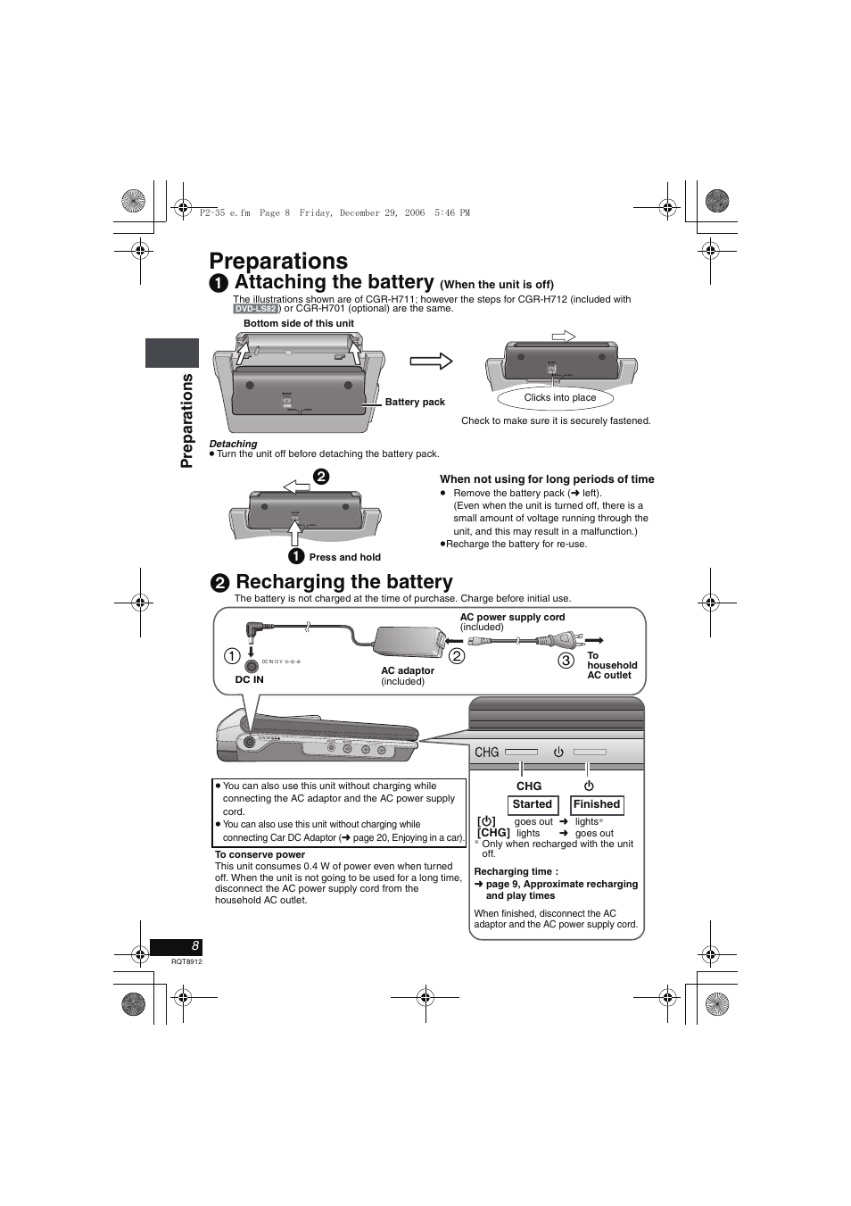 Preparations, Attaching the battery, Recharging the battery | 1 attaching the battery, 2 recharging the battery, Pr epara ti ons | Panasonic DVD-LS80 User Manual | Page 8 / 36