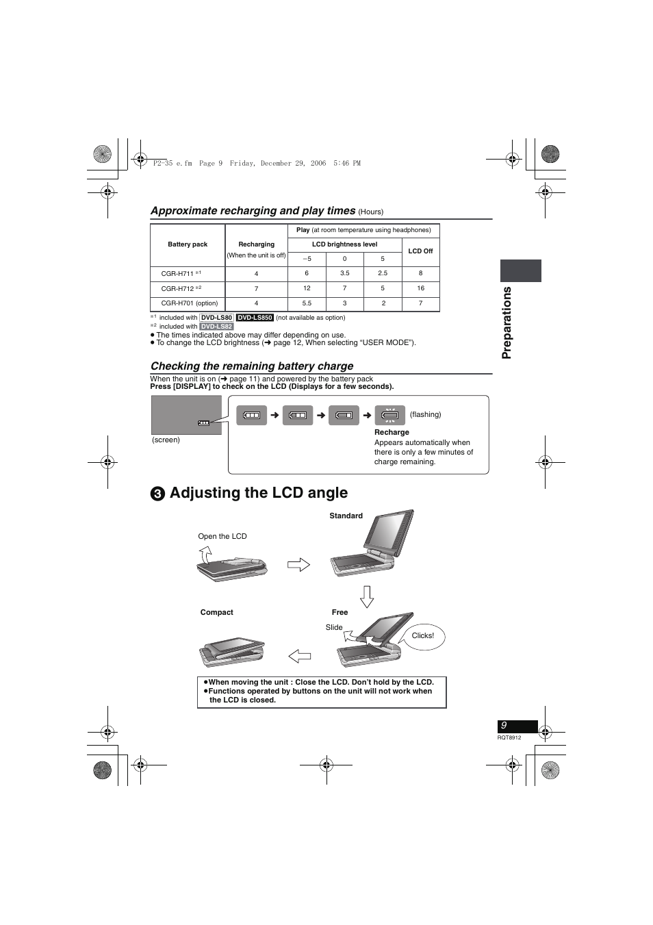 Adjusting the lcd angle, 3 adjusting the lcd angle, Pr epara ti ons | Approximate recharging and play times, Checking the remaining battery charge | Panasonic DVD-LS80 User Manual | Page 9 / 36