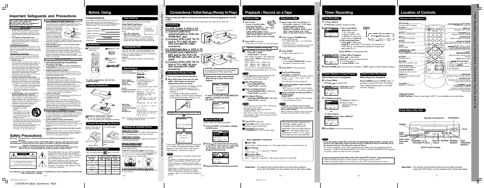 Important safeguards and precautions, Before using, Location of controls | Timer recording, Playback / record on a tape, Connections / initial setup (ready to play), Safety precautions, Lsqt0631a (basic operations) - back, Front view of the vcr | Panasonic PV-V4523S User Manual | Page 2 / 12