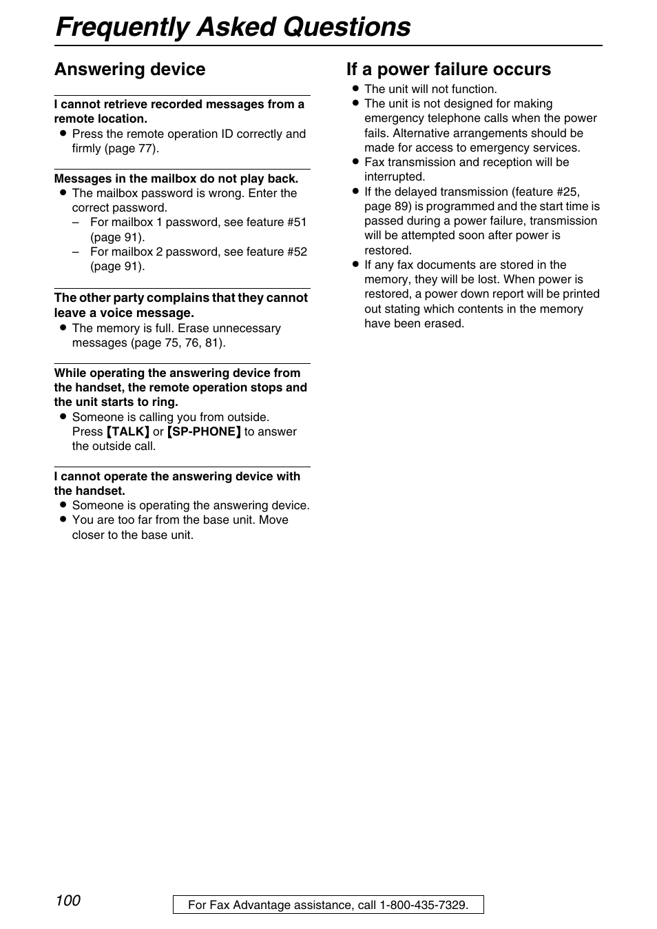 Frequently asked questions, Answering device, If a power failure occurs | Panasonic KX-FPG372 User Manual | Page 100 / 132