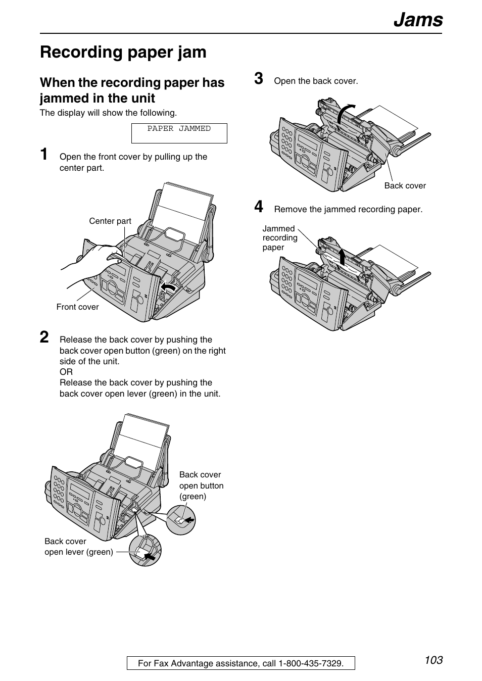 Jams, Recording paper jam, When the recording paper has jammed in the unit | Panasonic KX-FPG372 User Manual | Page 103 / 132