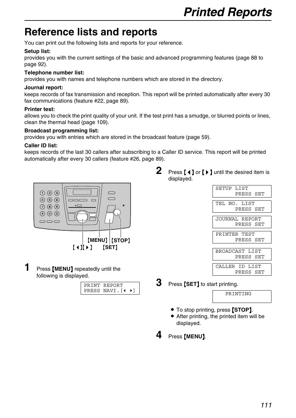 General information, Printed reports, Reference lists and reports | Panasonic KX-FPG372 User Manual | Page 111 / 132