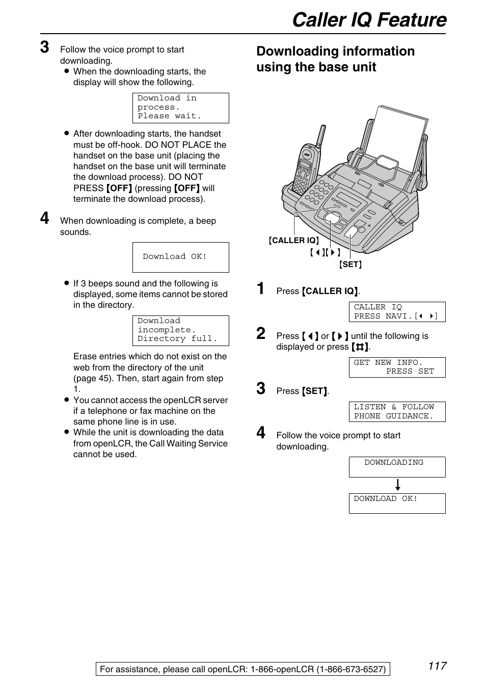 Caller iq feature, Downloading information using the base unit | Panasonic KX-FPG372 User Manual | Page 117 / 132