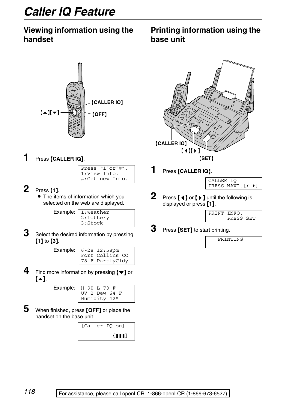 Caller iq feature, Viewing information using the handset, Printing information using the base unit | Panasonic KX-FPG372 User Manual | Page 118 / 132