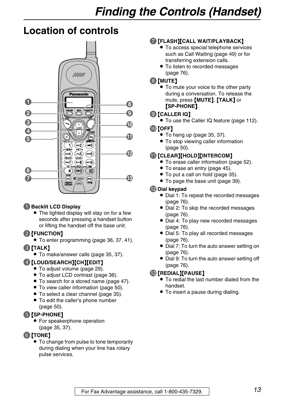 Finding the controls (handset), Location of controls | Panasonic KX-FPG372 User Manual | Page 13 / 132