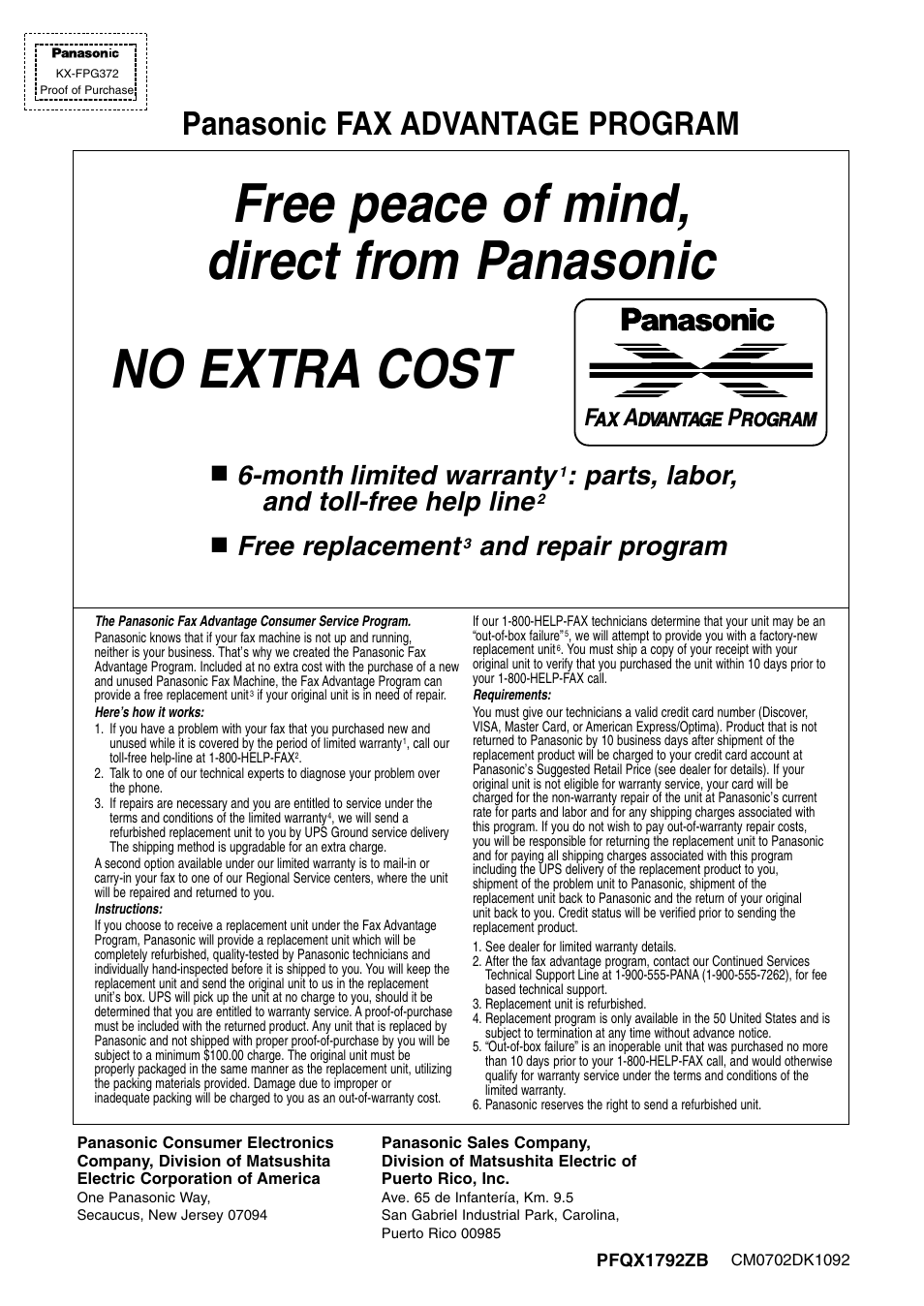 Panasonic fax advantage program, Month limited warranty, Parts, labor, and toll-free help line | Free replacement, And repair program | Panasonic KX-FPG372 User Manual | Page 132 / 132