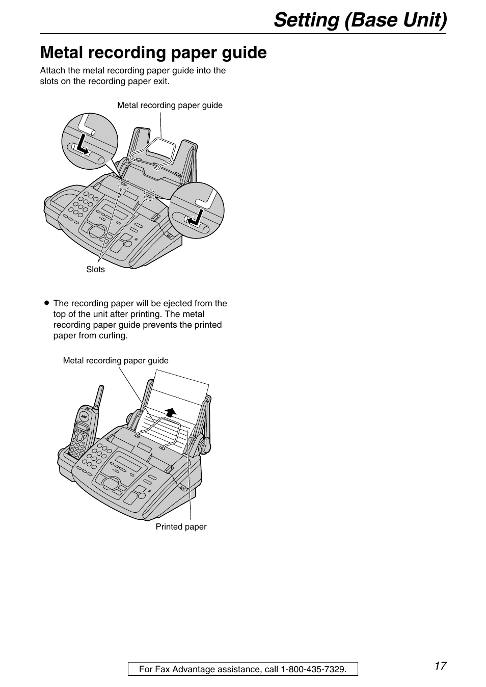 Setting (base unit), Metal recording paper guide | Panasonic KX-FPG372 User Manual | Page 17 / 132