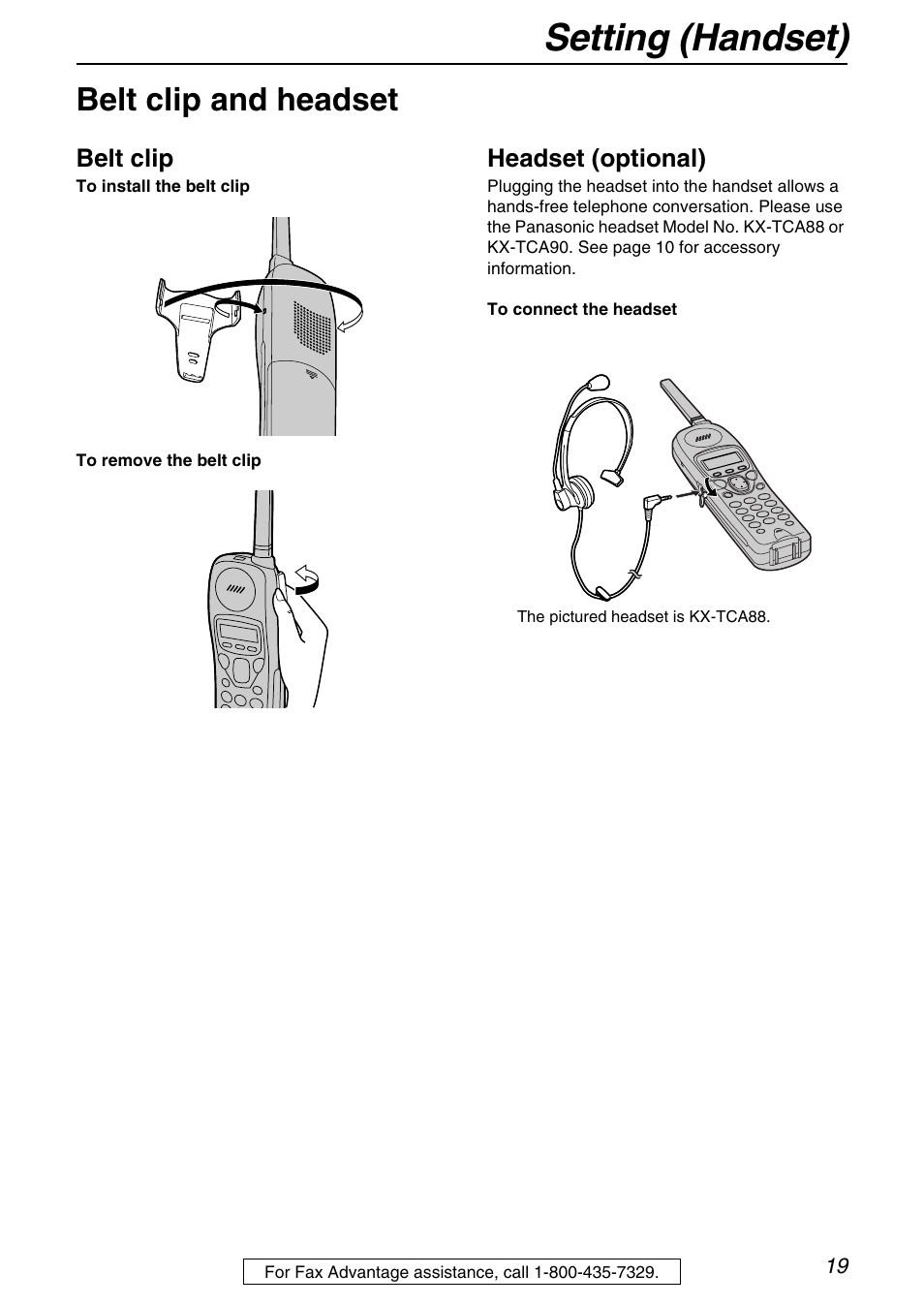 Setting (handset), Belt clip and headset, Belt clip | Headset (optional) | Panasonic KX-FPG372 User Manual | Page 19 / 132