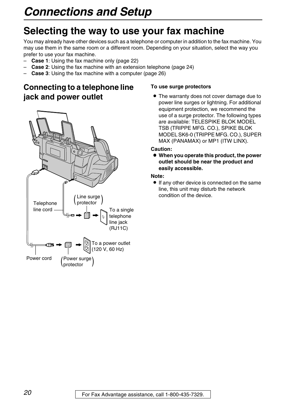 Connections and setup, Selecting the way to use your fax machine | Panasonic KX-FPG372 User Manual | Page 20 / 132