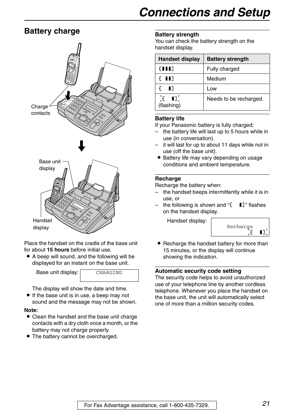 Connections and setup, Battery charge | Panasonic KX-FPG372 User Manual | Page 21 / 132