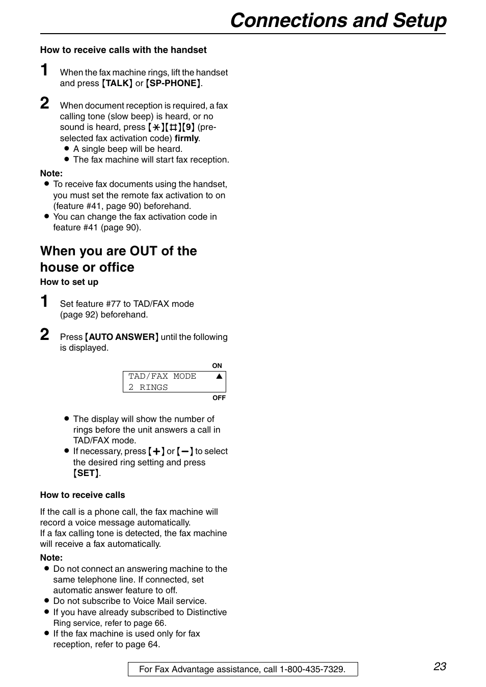 Connections and setup, When you are out of the house or office | Panasonic KX-FPG372 User Manual | Page 23 / 132