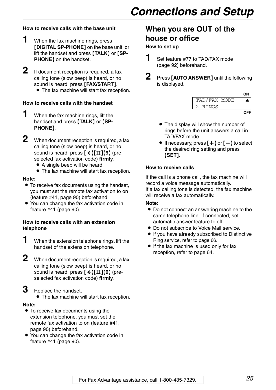 Connections and setup, When you are out of the house or office | Panasonic KX-FPG372 User Manual | Page 25 / 132