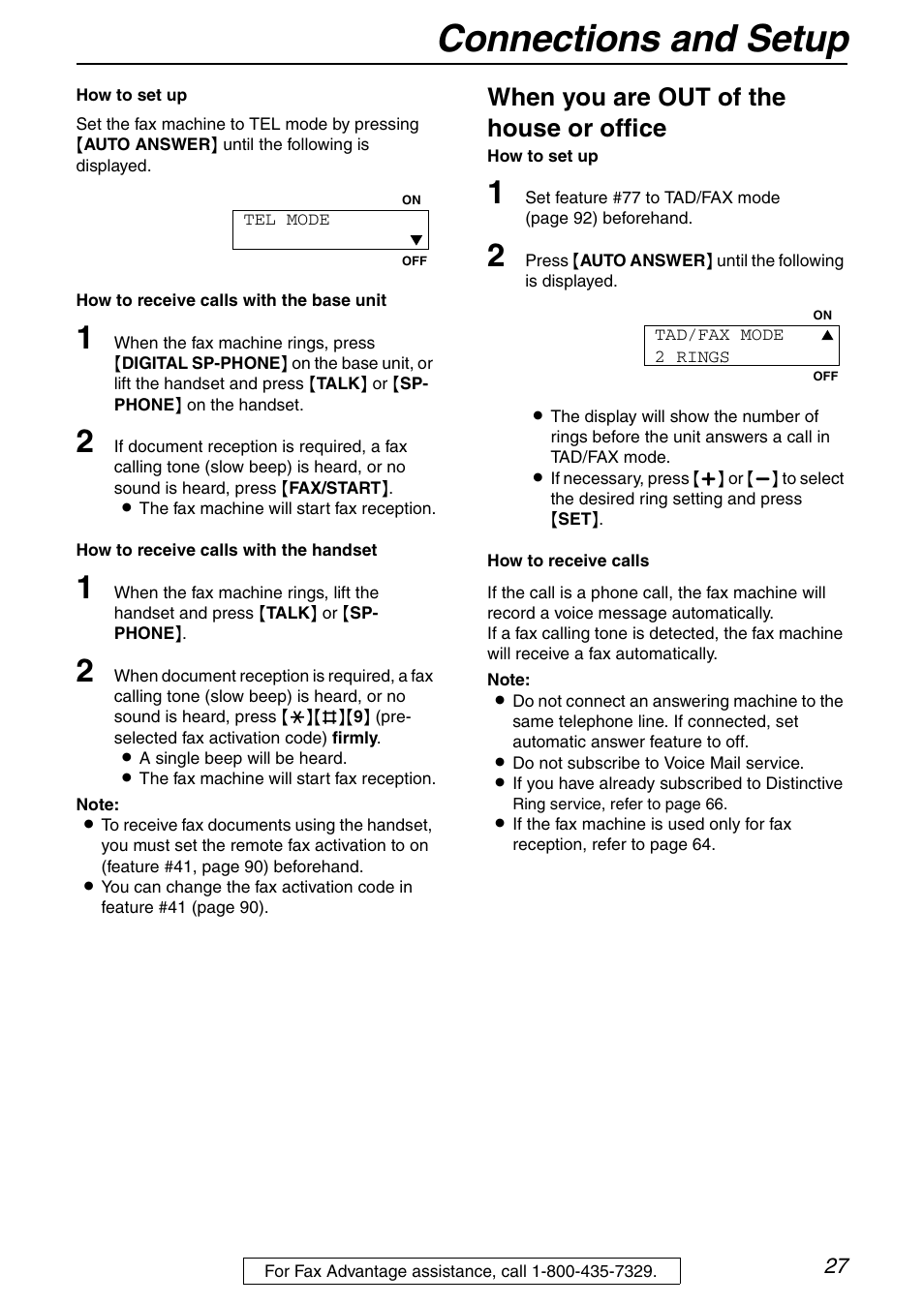 Connections and setup, When you are out of the house or office | Panasonic KX-FPG372 User Manual | Page 27 / 132