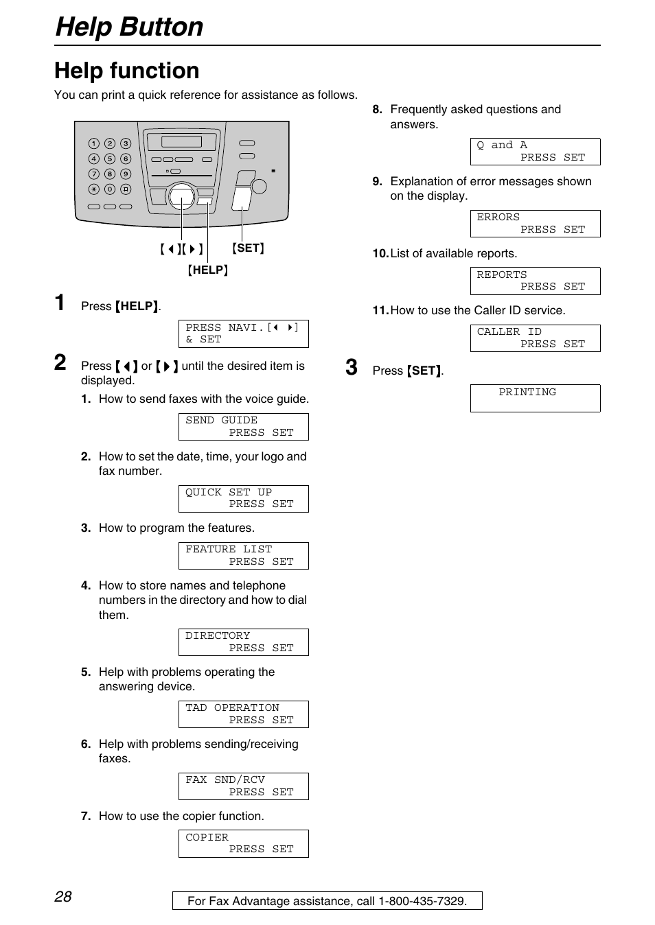 Help button, Help function | Panasonic KX-FPG372 User Manual | Page 28 / 132