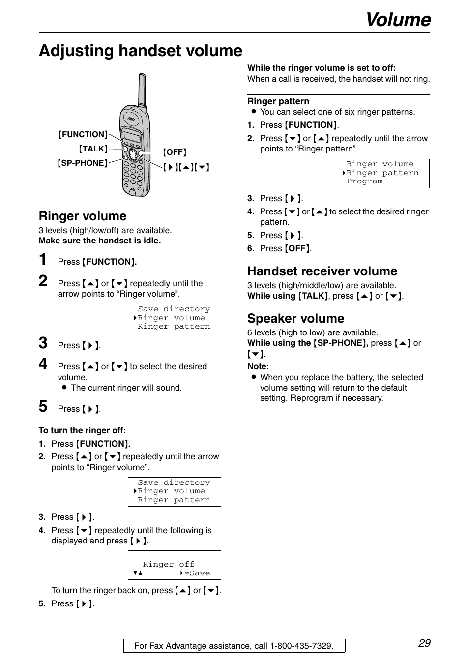 Volume, Adjusting handset volume, Ringer volume | Handset receiver volume, Speaker volume | Panasonic KX-FPG372 User Manual | Page 29 / 132