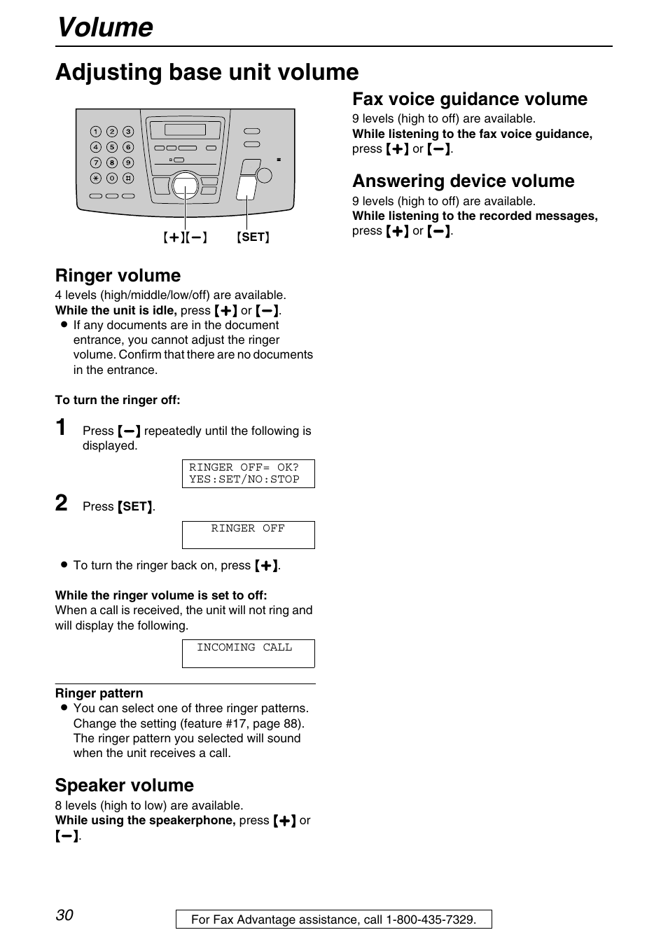 Volume, Adjusting base unit volume, Ringer volume | Speaker volume, Fax voice guidance volume, Answering device volume | Panasonic KX-FPG372 User Manual | Page 30 / 132